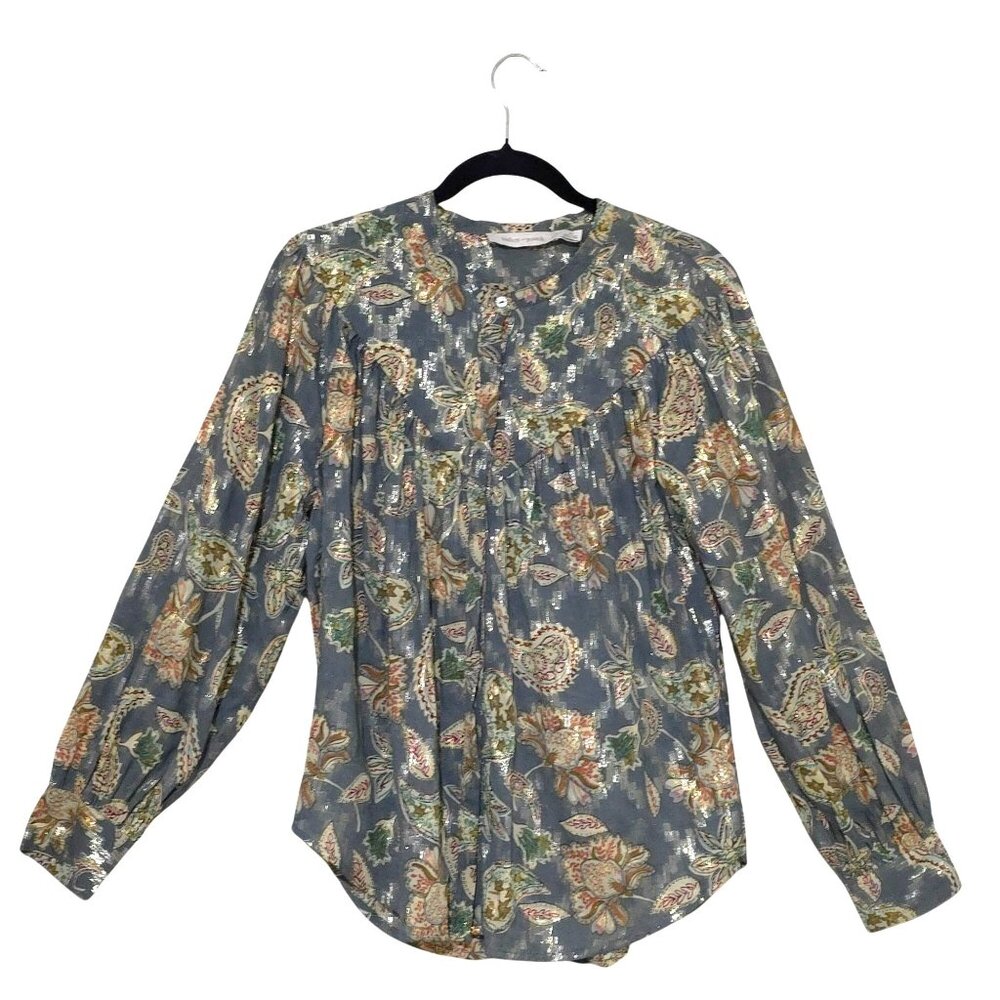 Anthropologie Bishop Young Paisley Boho Top Womens Medium Metallic Long Puff